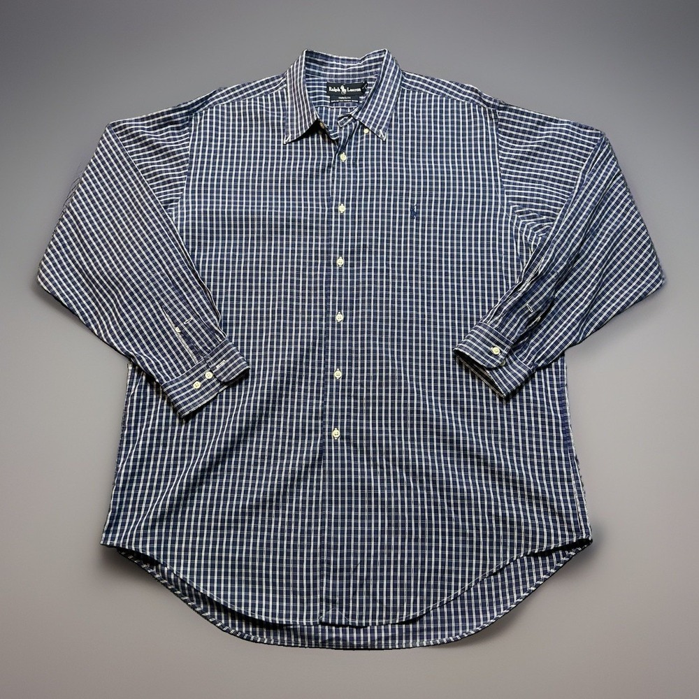 Ralph Lauren Yarmouth Dress Shirt 16.5 32/33 Blue White Check Pinpoint Oxford XL